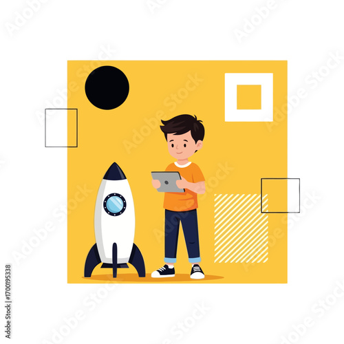 Illustration of boy with tablet and rocket