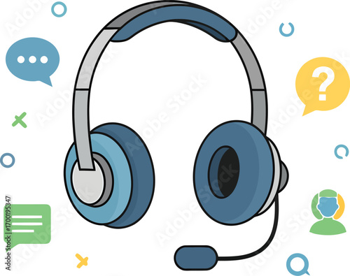 Blue headset with microphone for customer service and support.