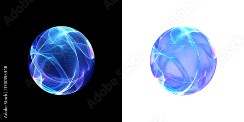 Obraz na plátně Two glowing blue spheres featuring intricate and captivating light patterns set