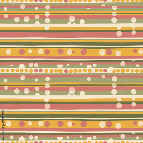 Playful striped pattern with scattered dots in green, yellow, pink and beige tones, seamless pattern, Stock royalty.