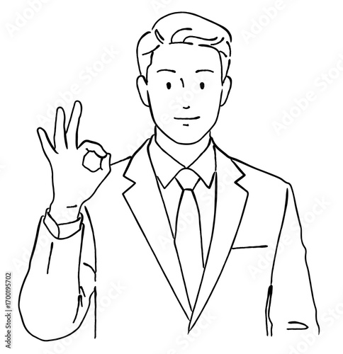 笑顔でOKマークのポーズをする男性のビジネスマンのおしゃれな線画アイコンベクターイラスト / オフィス / ラインアート
