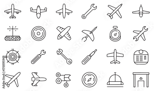Minimal aviation line icons, airplanes, flight tools, propeller, compass, airport hangar, aerospace transport symbols in vector outline style