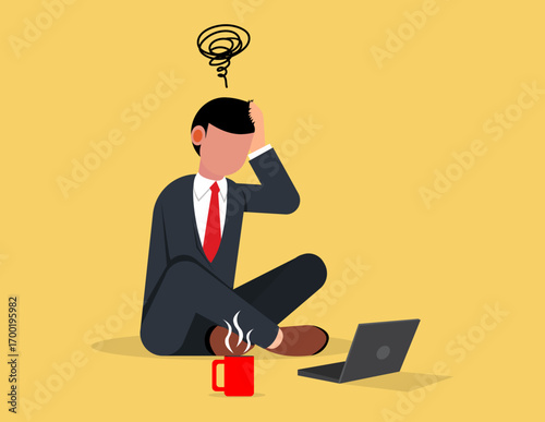 Failed investment. Frustrated angry business man sitting on floor