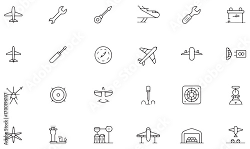 Vector set of aircraft icons, outline airplane symbols, airport hangar, aviation tools, aerospace maintenance, travel luggage and navigation graphics