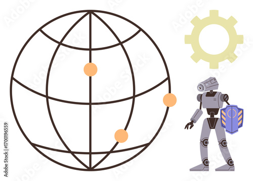 Robot holding shield near interconnected globe and gear symbol. Ideal for technology, innovation, automation, robotics, security, global connection, and engineering themes. Simple flat metaphor