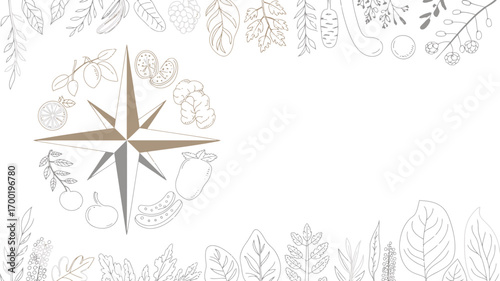 Illustration of compass surrounded by outlined fruits vegetables and leaves on a white background