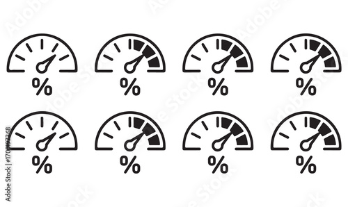 Minimal vector meter and gauge icons, dashboard dial outlines, progress tracking scales, percentage measurement indicators, performance graphics
