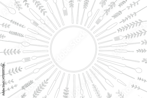 A circular arrangement of cutlery and foliage in a radial pattern on a white background design element