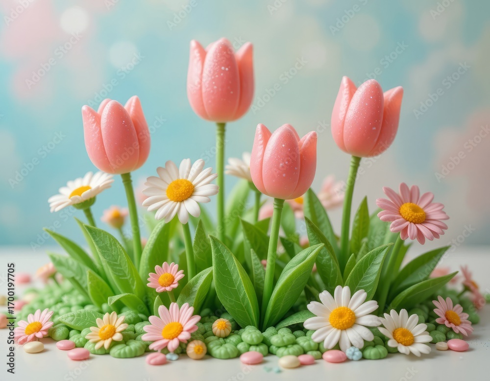 Fototapeta premium Delicate pink tulips and cheerful daisies bloom in a vibrant spring garden setting.