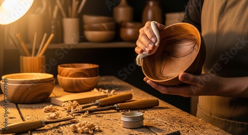 Woodturner polishing a freshly turned wooden bowl in a workshop with tools
