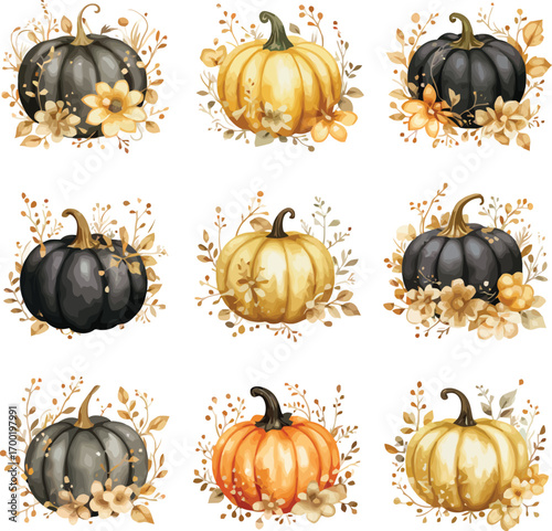 Nine autumn pumpkins scattered amongst fall leaves collection