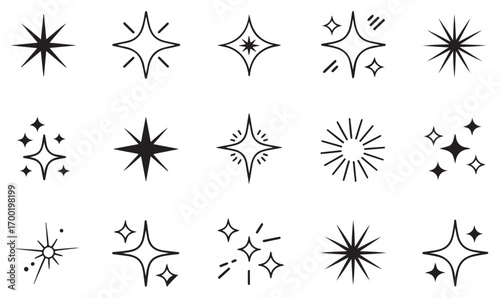 Minimal celestial sparkle shapes, glowing starburst icons, twinkle vector symbols, glitter decorative light elements, abstract radiant designs