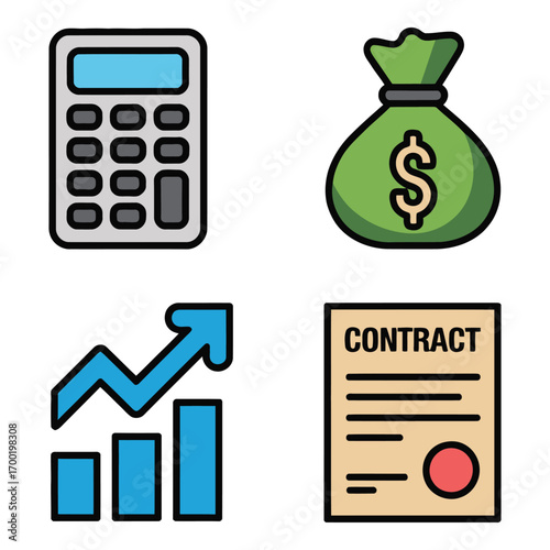 Financial Business Icons Calculator Money Bag Growth Chart and Contract Flat Design