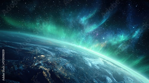 Fototapeta Naklejka Na Ścianę i Meble -  Earth At Night With Aurora Lights