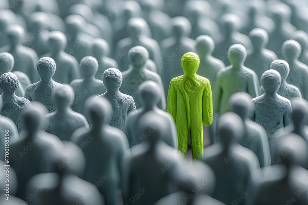 Obraz premium Green wooden figure standing out in crowd of identical pale figures, concept of individuality and leadership