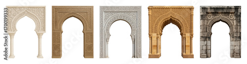 Moroccan arch set including floral, geometric, calligraphic, and weathered stone designs isolated. Cultural design and architectural decoration.