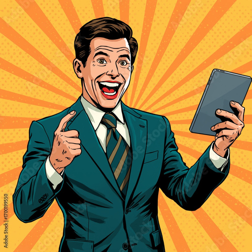 Excited businessman holding a tablet with a radiant background