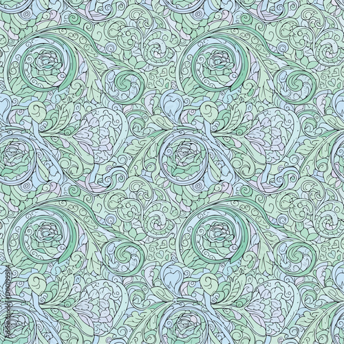 Seamless floral pattern with swirling tendrils and pastel hues for textile design, seamless pattern, Stock royalty free image.