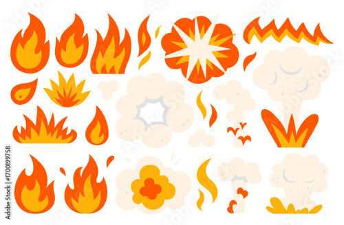 Fire and Explosion Icons Set. Retro Cartoon Flames and Smoke. Vintage Comic Book Effect Artwork. Danger Graphic Collection.