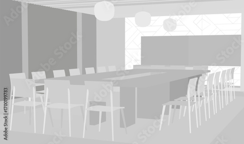 A large conference room with a long table and chairs, silhouetted figures in a meeting under hanging lights against a plain wall.