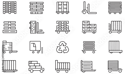 Logistics and warehouse pallet icons, line vector set with cargo trolleys, forklifts, packaging and supply chain transport symbols for industry and storage