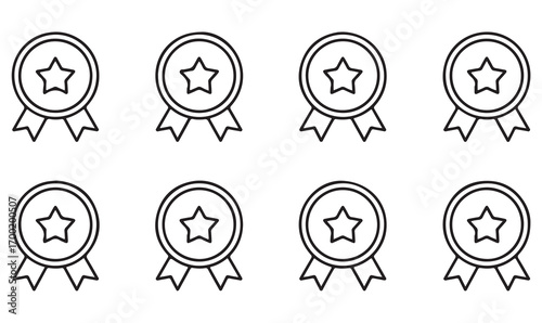 Black contour recognition icons, star award badges, prize ribbons, achievement medals, minimal trophy symbols, vector illustration set
