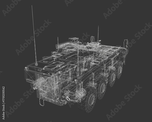 Armored personnel carrier 3D model on black background, featuring detailed wireframe structure for military applications.