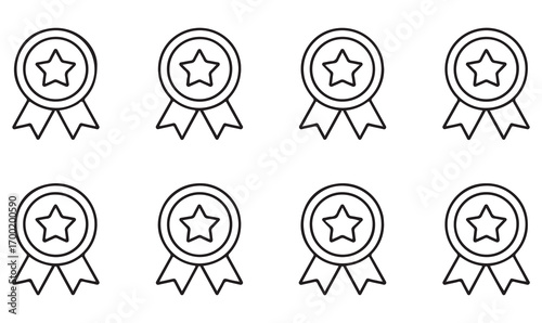 Eight outline star medals, vector award ribbons, certification badges, abstract seals of honor, minimal prize symbols for recognition