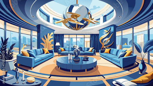 Exquisite 360-degree panoramic view of a modern luxury living room, emphasizing navy blue sectional sofas, stainless steel accents, panoramic windows, and abstract sculptures, presenting a balance of 