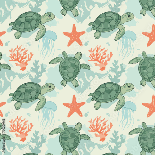 Seamless pattern featuring turtles starfish jellyfish and coral reef elements, seamless pattern, royalty stock.