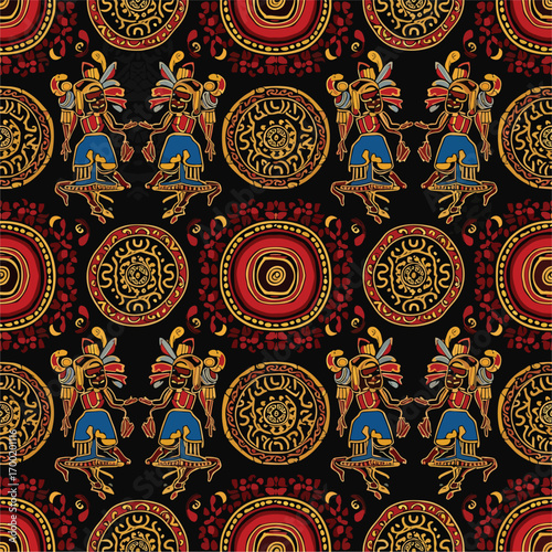 Seamless pattern featuring vibrant Aztec inspired figures and circular designs, patern seamless, royalty stock.