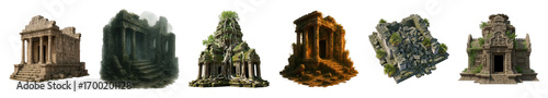 Ancient ruin set including weathered stone, overgrown, crumbling, and atmospheric structures isolated. Perfect for historical, fantasy, and game design projects.