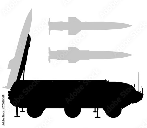Military vehicle with missile launcher in black silhouette against clean white background.
