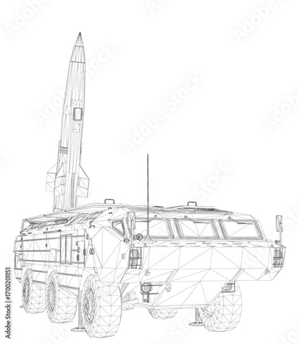 A military missile launcher truck in detailed 3D wireframe illustration, featuring a rocket pointed upwards, headlights, grille, and wheels on white background.
