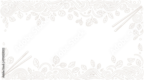 Delicate white background with stylized noodles leaves and chopsticks framing a central blank space