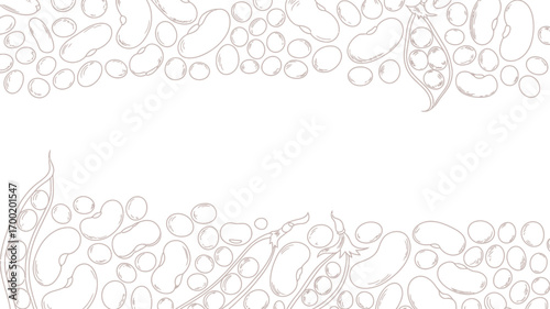 A sketched pattern of beans and peas in pods arranged on the top and bottom edges of the frame