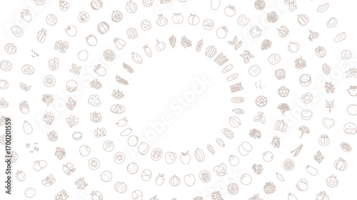 A spiral arrangement of various sketched fruits and vegetables on a white background creating a pattern