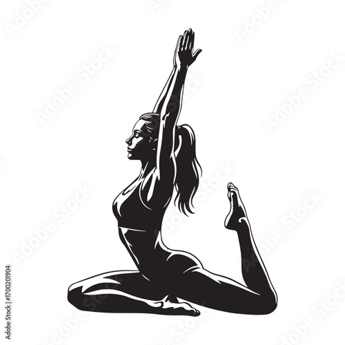 Woman practicing yoga, kneeling, arms raised, elegant pose.