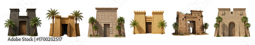 Ancient Egyptian structure set including temples, gatehouses, and ruins isolated. Historical, fantasy, and architectural design elements.