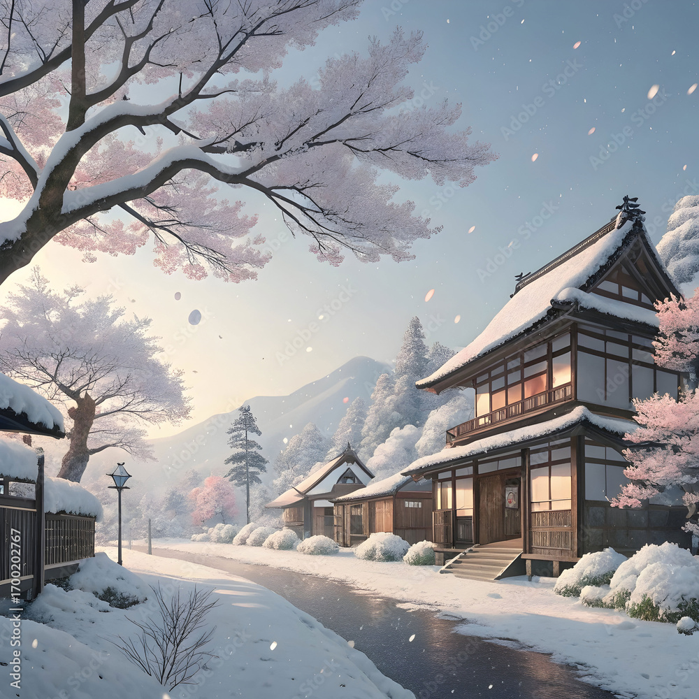 Obraz premium An anime village rests peacefully in winter, covered in soft snow, radiating warmth, serenity