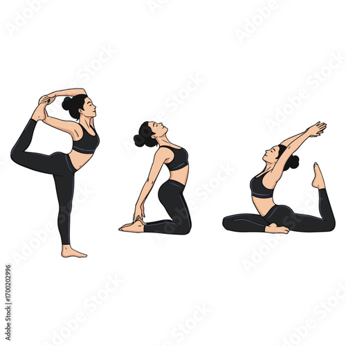 Three yoga poses demonstrated by a woman in black activewear, showcasing flexibility and balance.