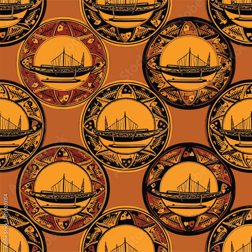 Seamless pattern of stylized ancient Greek ships in decorative circles, patern seamless, Stock royalty free.
