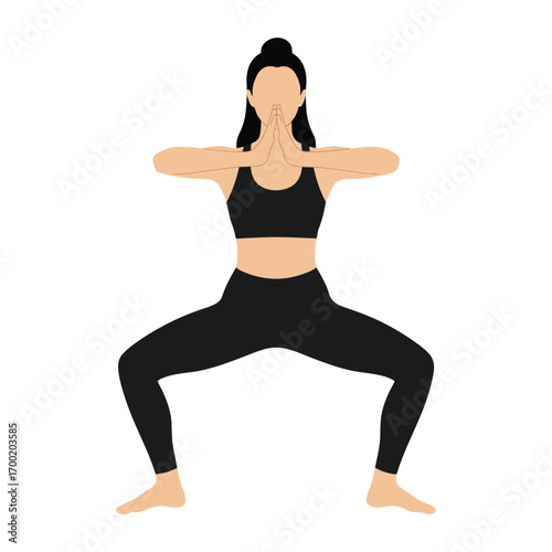 A woman in black athletic wear performs a yoga pose with her hands pressed together at her chest and her legs in a wide stance.