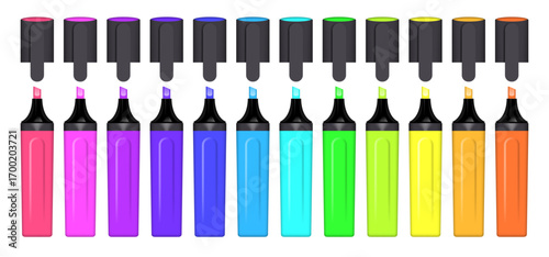 Isolated colorful marker pens set, office and school equipment. Felt-tip pen realistic vector illustration