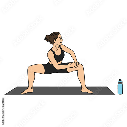 A woman in athletic wear performs a wide-legged squat with a torso twist on a yoga mat, with a water bottle nearby.