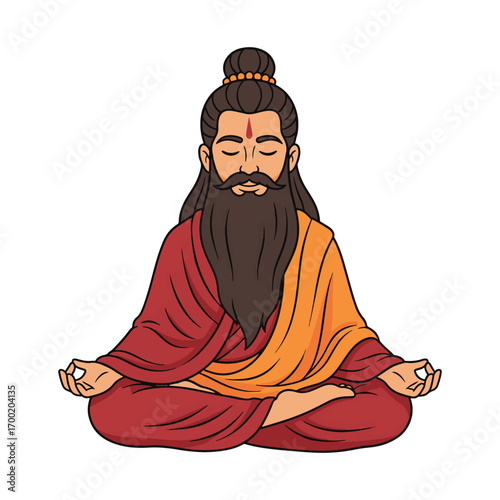 Mystical Meditation: A serene depiction of a sage in deep meditation, radiating tranquility and spiritual insight. Illustrated in a simplified, cartoon-like style.