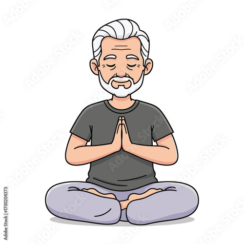 Zen Master: A serene older man, embodies peace and mindfulness, as he meditates with eyes gently closed in a lotus position, exemplifying tranquility and the beauty of inner peace.
