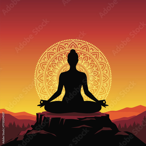 Silhouette of a woman meditating in lotus position on a rock at sunset, with a mandala design.