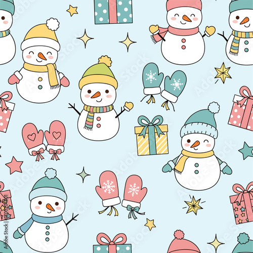 Seamless winter pattern with cute snowmen, gifts and mittens for festive design, patern seamless, Stock royalty.