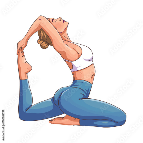 A woman in athletic wear performs a yoga pose, demonstrating flexibility and balance.